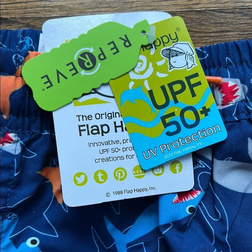 Flap Happy Shark Print Swim Trunks Blue and Orange UPF 50 BNWT